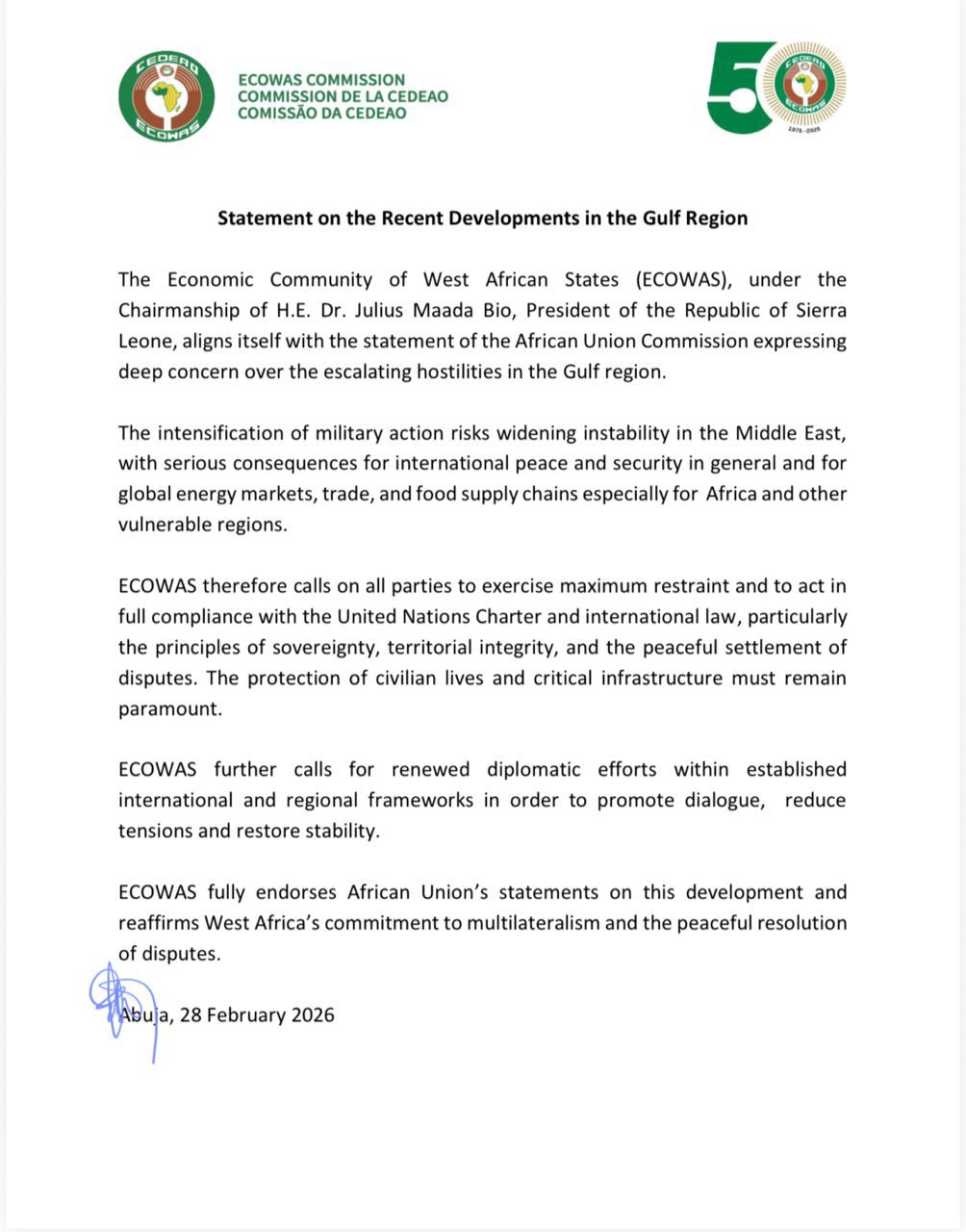 ECOWAS Statement on the Recent Developments in the Gulf Region
